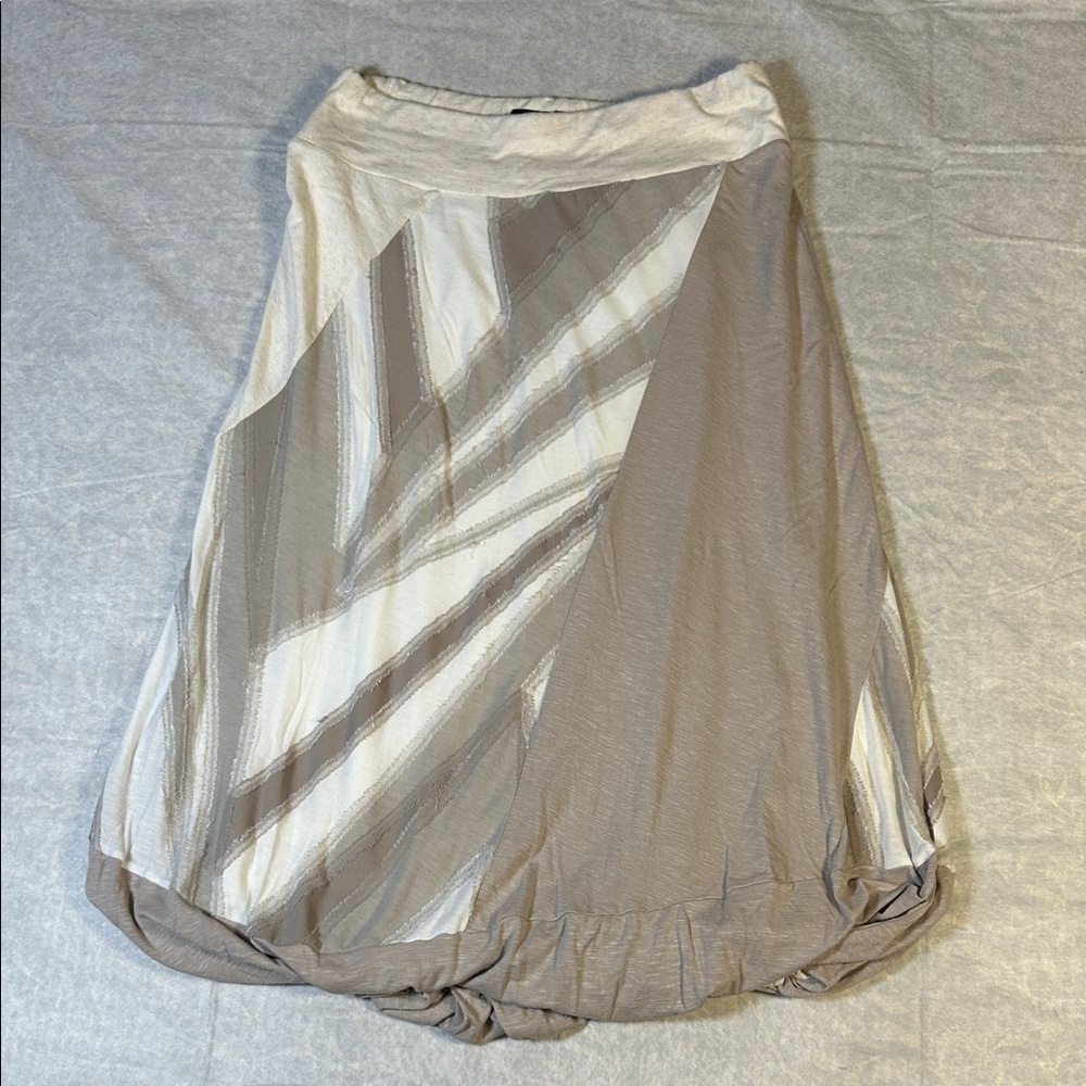 Ronen Chen Womens Abstract Stripe Bubble Hem Midi Skirt Cream Taupe Size 2